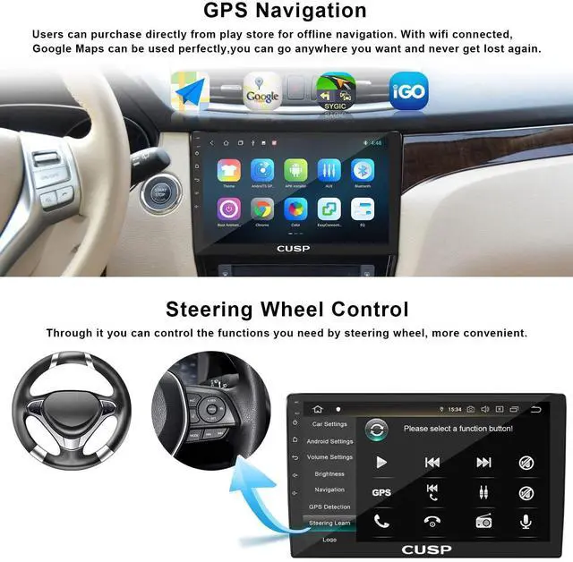 Alt view image 3 of 5 - CUSP 10.1 Inch Android Car Stereo Radio, Universal Double Din Head Unit with Wireless CarPlay Android Auto, 8GB+128GB QLED Touch Screen, GPS Navigation, Bluetooth, WiFi, DSP, SWC