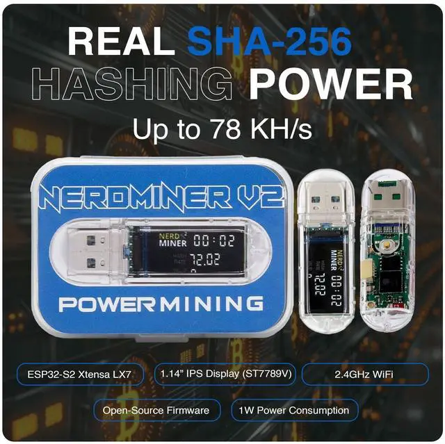 Alt view image 5 of 5 - NerdMiner V2 USB Bitcoin Miner 78KH/s ESP32-S2 Open Source Solo BTC Miner with 1.14" IPS Display, 1W Low Power, 2.4GHz WiFi, Plug-and-Play Crypto Learning Device