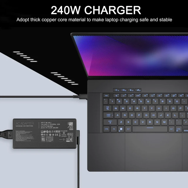 Alt view image 3 of 5 - JUYOON 240W Charger Compatible with Asus TUF Gaming A18 A16 2025 fa808u fa808um fa808up fa808uh fa608w Rog Zephyrus G16 gu605c gu605cx gu605cw gu605cr gu605cp Gaming Laptop