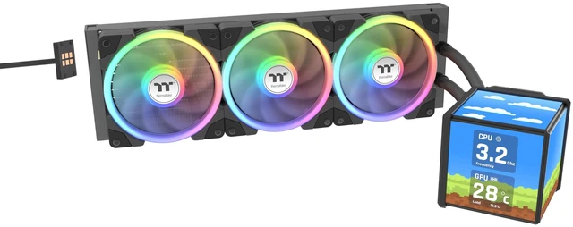 Main image of Thermaltake MINECUBE 360 Ultra CPU Liquid Cooler; Intel/AMD Compatible; 3x120mm 500~2000rpm SWAFAN EX ARGB; MAGForce 2.0. 4X 3.95 TFT LCD Screens; Swappable Fan Blades; Black; CL-W481-