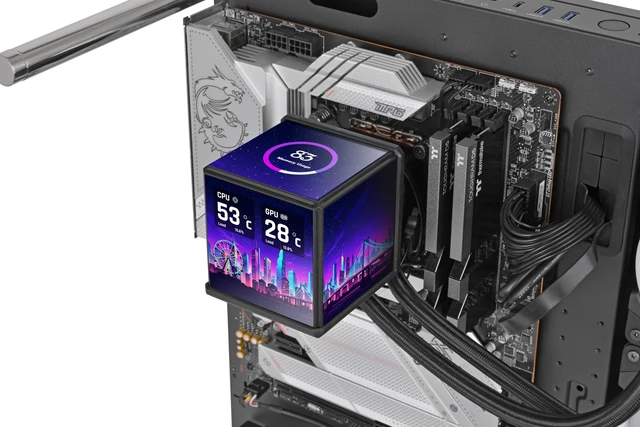 Alt view image 2 of 5 - Thermaltake MINECUBE 360 Ultra CPU Liquid Cooler; Intel/AMD Compatible; 3x120mm 500~2000rpm SWAFAN EX ARGB; MAGForce 2.0. 4X 3.95 TFT LCD Screens; Swappable Fan Blades; Black; CL-W481-