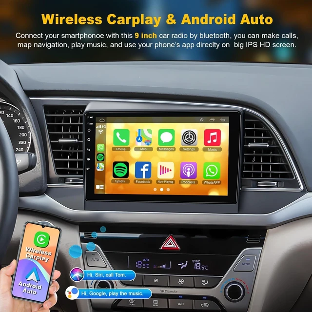 Alt view image 2 of 5 - (8Core+64G) Radio for Hyundai Elantra 2016-2018, Stereo with Wireless Carplay&Android Auto, 9'' HD Touchscreen Support GPS/WiFi/Bluetooth5.2/FM Radio/SWC/Backup Camera, Android 15