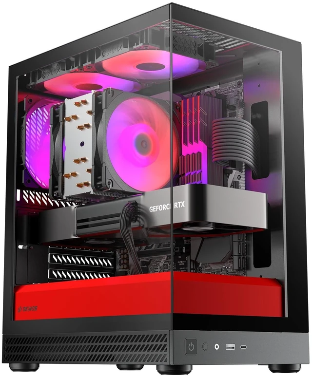 Main image of Okinos Aqua UNO Micro ATX Case, No Radiator Support, Max GPU Length 309mm, Quick-Release Panoramic Tempered Glass, 3x120mm ARGB Fan Pre-Installed, Type-C 5Gbps, Two-Tone Limited Edition (Black&Red)