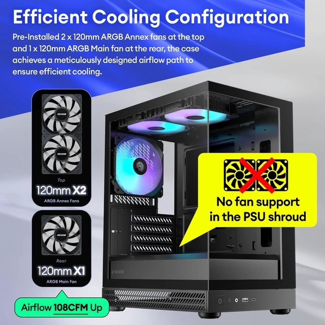 Alt view image 3 of 5 - Okinos Aqua UNO Micro ATX Case, No Radiator Support, Max GPU Length 309mm, Quick-Release Panoramic Tempered Glass, 3x120mm ARGB Fan Pre-Installed, Type-C 5Gbps, Two-Tone Limited Edition (Black&Red)