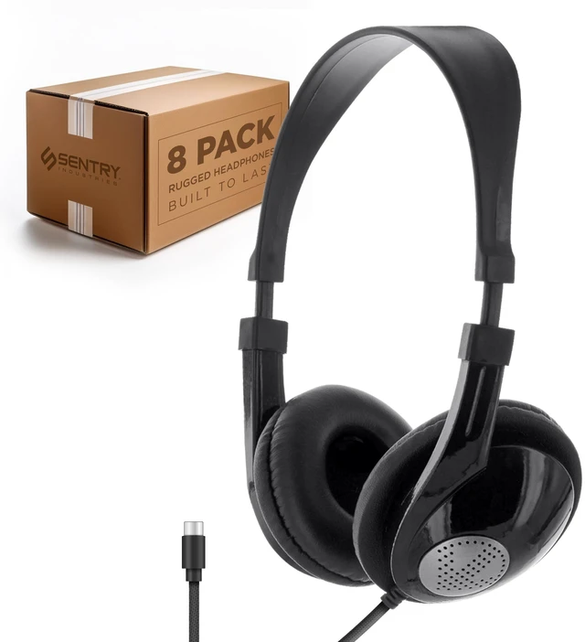 Main image of SENTRY Bulk 8 Pack Rugged School Headphones, USB C Jack Connection, Durable for Kids, Students, Teachers, Classrooms, Braided Cable, Inline Microphone, for Online Learning