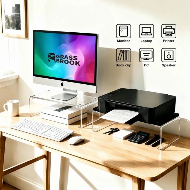Alt view image 4 of 5 - GRASS BROOK Acrylic Monitor & Laptop Stand Riser L14 x H5, Transparent