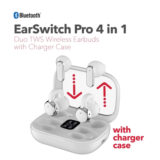 Alt view image 5 of 5 - RCA EarSwitch Pro 4-in-1 Duo TWS Wireless Earbuds, Bluetooth 5.4 Open-Ear & in-Ear Dual Buds with LED Charging Case, Touch Control, Built-in Mic, 6H Playtime for Sport & Office (White)