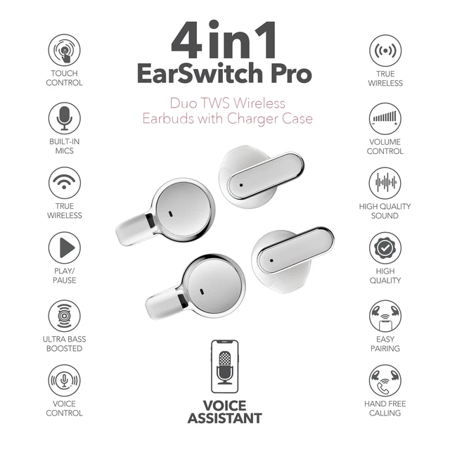 Alt view image 4 of 5 - RCA EarSwitch Pro 4-in-1 Duo TWS Wireless Earbuds, Bluetooth 5.4 Open-Ear & in-Ear Dual Buds with LED Charging Case, Touch Control, Built-in Mic, 6H Playtime for Sport & Office (White)