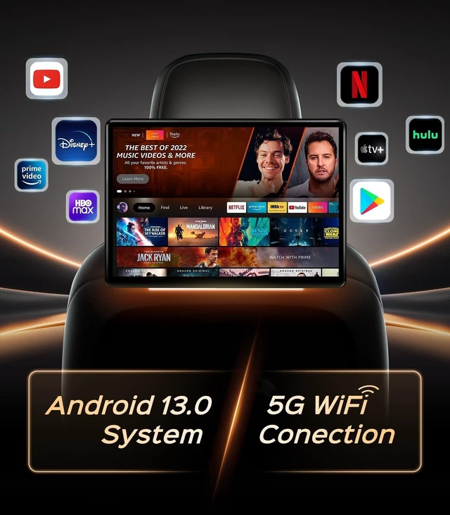 Alt view image 2 of 5 - 13.5" Android Headrest Monitor Screen Portable Car TV Supports Phone MirrorLink/HDMI in OUT/5G WiFi/Bluetooth/USB Rear Seat Entertainment Video Player 4G Ram+64G ROM 1PC