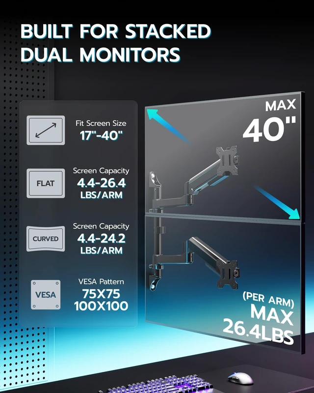 Alt view image 2 of 5 - ARES WING 17-40 Inch Ultrawide Vertical Dual Monitor Wall Mount, Black