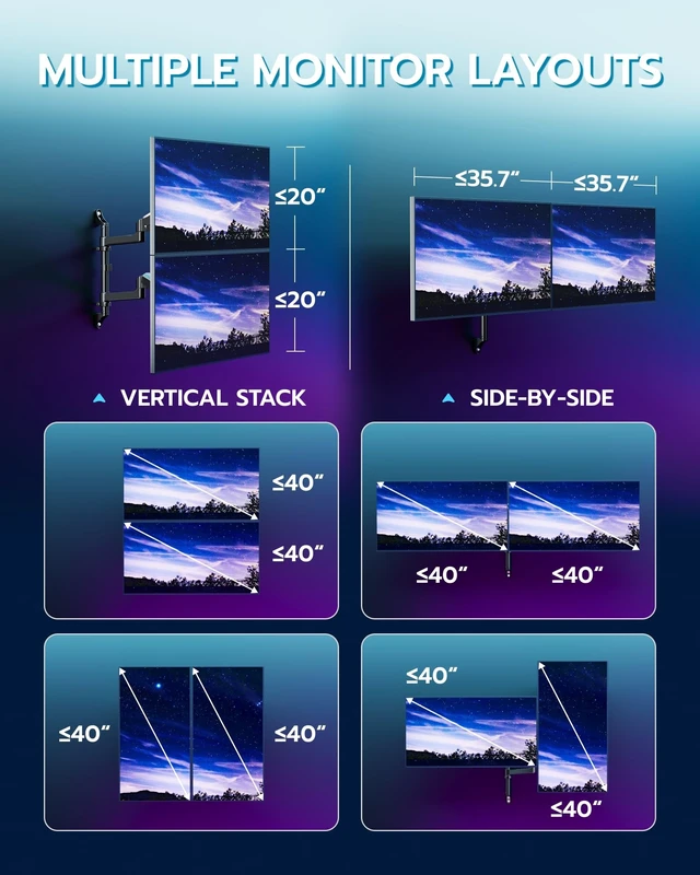 Alt view image 3 of 5 - ARES WING 17-40 Inch Ultrawide Vertical Dual Monitor Wall Mount, Black