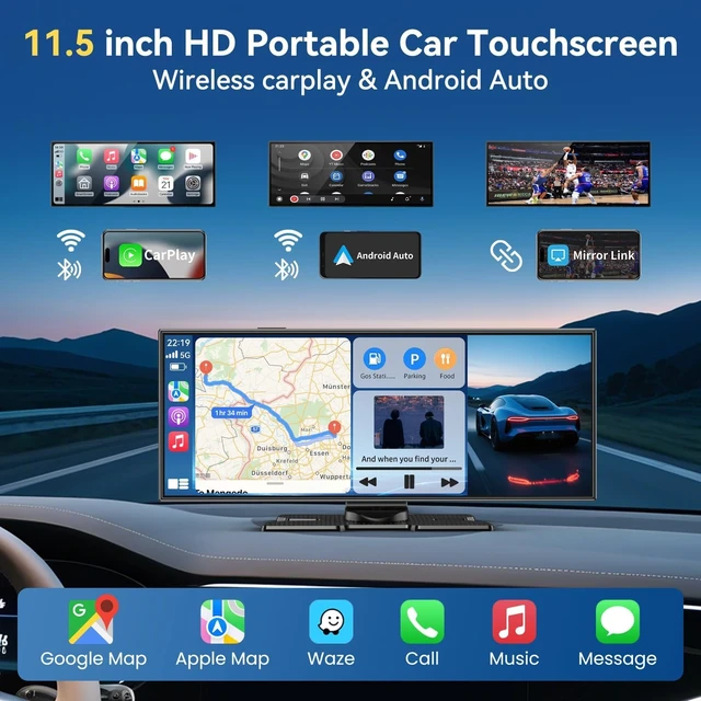 Alt view image 2 of 5 - Carplay Screen for Car, 11.5" Wireless Carplay Screen with 4K Dash Cam, 1080P Rear Camera, Portable Car Stereo with A-pple CarPlay & Android Auto Screen, MirrorLink/TF Card/Siri/Bluetooth/AUX/F