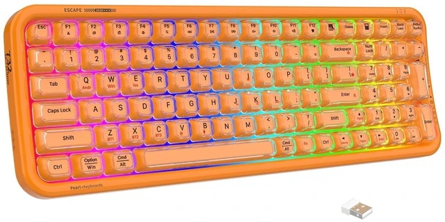 Main image of FOPETT Wireless Computer Keyboard with RGB Backlit, Tri-Mode Bluetooth 5.0/USB-C/2.4GHz Ergonomic Gaming Keyboard - Full-Size Rechargeable Transparent Keycap for Laptop/Windows/PC - Orange