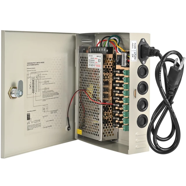Alt view image 2 of 5 - 9-Channel 12V DC 15A CCTV Power Distribution Box, AC110V to DC12V Security Camera Power Supply with AC Plug and Locking Metal Cabinet for DVR/NVR Surveillance Systems (9-Channel/15A)