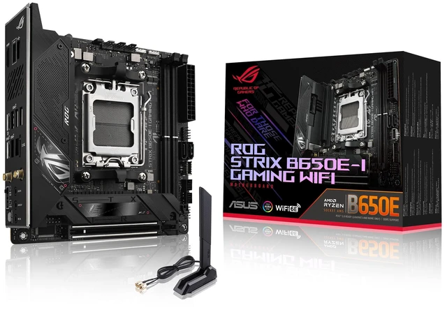 Main image of ASUS ROG Strix B650E-I Gaming WiFi AMD Ryzen AM5 mini-ITX motherboard, 10 + 2 power stages, DDR5, two M.2 slots, PCIe 5.0, 2.5G LAN, WiFi 6E, USB 3.2 Gen 2x2 Type-C port, and Aura Sync RGB lighti