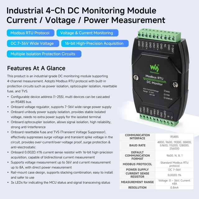Alt view image 3 of 5 - Waveshare Industrial 4-Ch DC Monitoring Module, 16-bit High-Precision Acquisition, Supports Voltage and Current Measurement, Modbus RTU Protocol, with Various Isolation and Protection Circuits