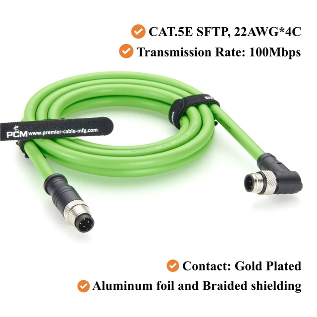 Alt view image 3 of 5 - Right Angle M12 D-Coded 4 Pin Male to Male Industrial Ethernet Cable 100Mbps CAT5e Shielded Drag Chain Cable IP67 Waterproof for PROFINET, EtherCAT, PLC, Robot, Automation, Machine Vision (2M/6.6FT)