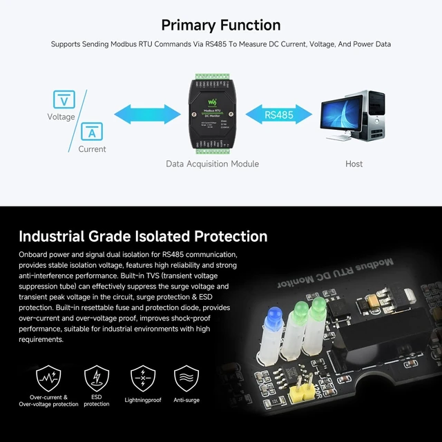 Alt view image 4 of 5 - Waveshare Industrial 4-Ch DC Monitoring Module, 16-bit High-Precision Acquisition, Supports Voltage and Current Measurement, Modbus RTU Protocol, with Various Isolation and Protection Circuits