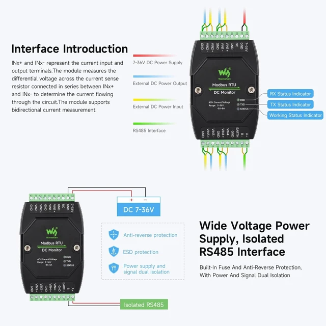 Alt view image 5 of 5 - Waveshare Industrial 4-Ch DC Monitoring Module, 16-bit High-Precision Acquisition, Supports Voltage and Current Measurement, Modbus RTU Protocol, with Various Isolation and Protection Circuits