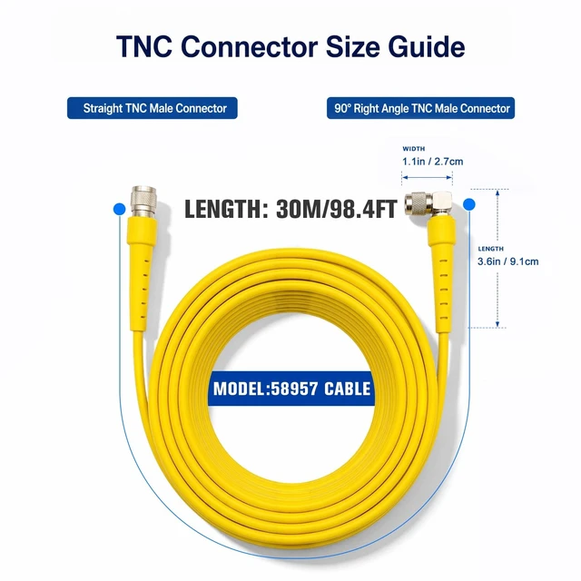Alt view image 2 of 5 - JHCH RTK GNSS GPS 58957 Antenna Cable Suitable for Trimble, Topcon, Leica receivers TNC Male to Right Angle TNC Male Low Loss RG58 coaxial Cable (30m/98ft)
