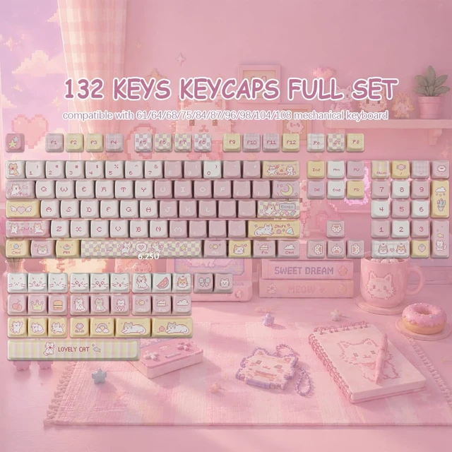 Alt view image 2 of 5 - TYRIXKI PBT Keycaps,132 Keys Cute Pink Pixel Cat Keycaps