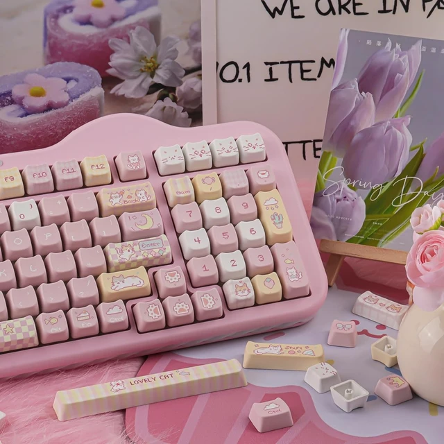 Alt view image 4 of 5 - TYRIXKI PBT Keycaps,132 Keys Cute Pink Pixel Cat Keycaps