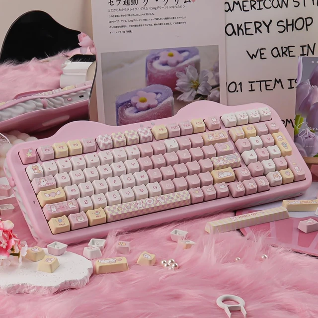 Alt view image 5 of 5 - TYRIXKI PBT Keycaps,132 Keys Cute Pink Pixel Cat Keycaps