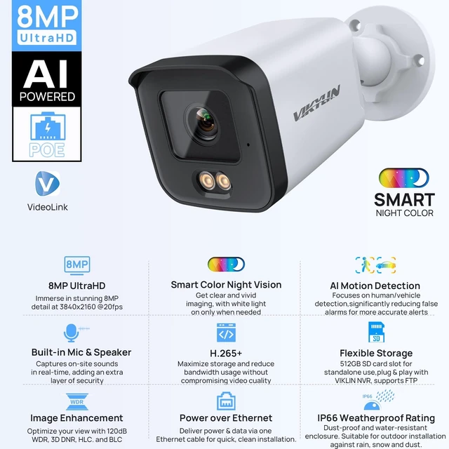 Alt view image 2 of 5 - VIKYLIN 4K PoE IP Bullet Camera Outdoor with 98ft Full Color Night Vision