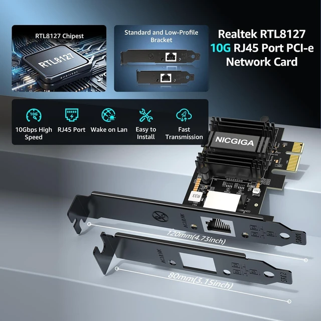 Alt view image 3 of 5 - NICGIGA 10Gb PCIe 4.0 x1 Network Card, Realtek RTL8127 Ethernet Adapter.