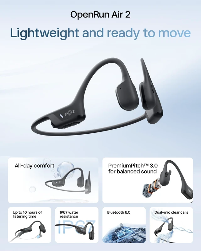 Alt view image 2 of 5 - SHOKZ OpenRun Air 2 Bone Conduction Open-Ear Bluetooth HeadphonesBlack