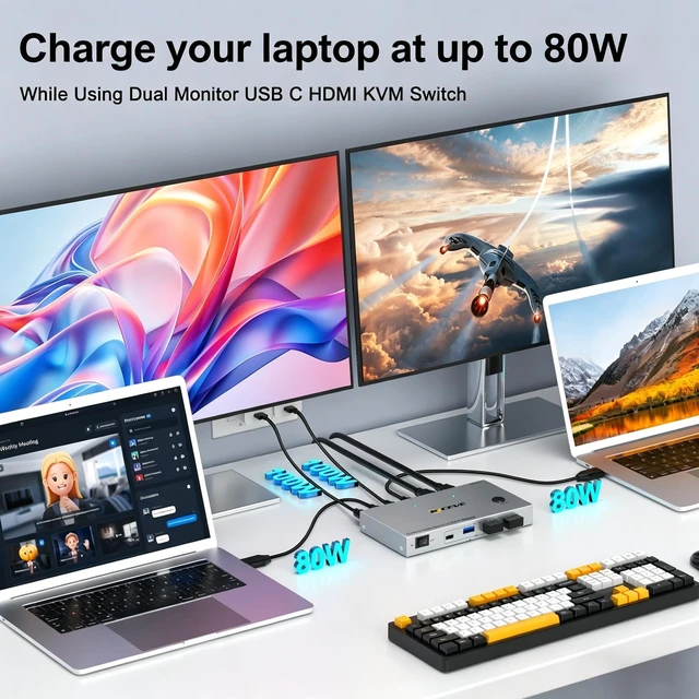 Alt view image 4 of 5 - USB C KVM Switch 2 Laptops 2 Monitors 4K@60Hz,Dual Monitor KVM Switch for 2 Laptops Sharing 2 Monitor and 4 USB 3.0 Devices with 80W PD,Wired Remote and Cables