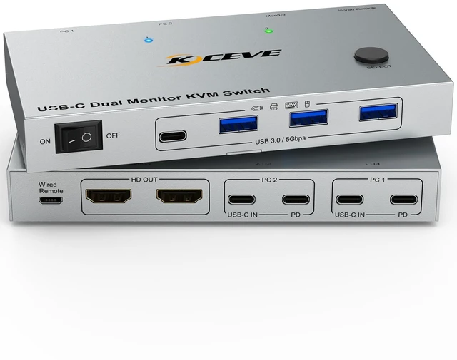 Main image of USB C KVM Switch 2 Laptops 2 Monitors 4K@60Hz,Dual Monitor KVM Switch for 2 Laptops Sharing 2 Monitor and 4 USB 3.0 Devices with 80W PD,Wired Remote and Cables