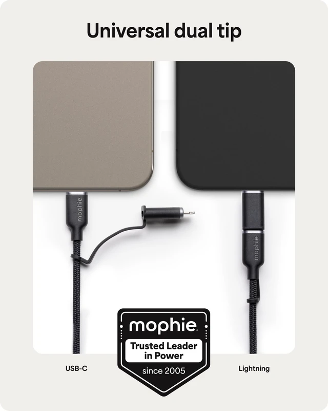 Alt view image 2 of 5 - Mophie Charge Stream USB-C to USB-C 1m/3ft Cable with Lightning Adapter - 60W Fast-Charge Universal Charging Cable, MFi Certified, Dual Tip Adapter, Braided, Durable for iPhone, iPad, Android, MacBook