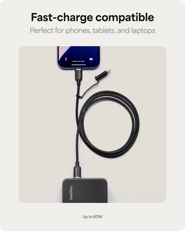 Alt view image 3 of 5 - Mophie Charge Stream USB-C to USB-C 1m/3ft Cable with Lightning Adapter - 60W Fast-Charge Universal Charging Cable, MFi Certified, Dual Tip Adapter, Braided, Durable for iPhone, iPad, Android, MacBook