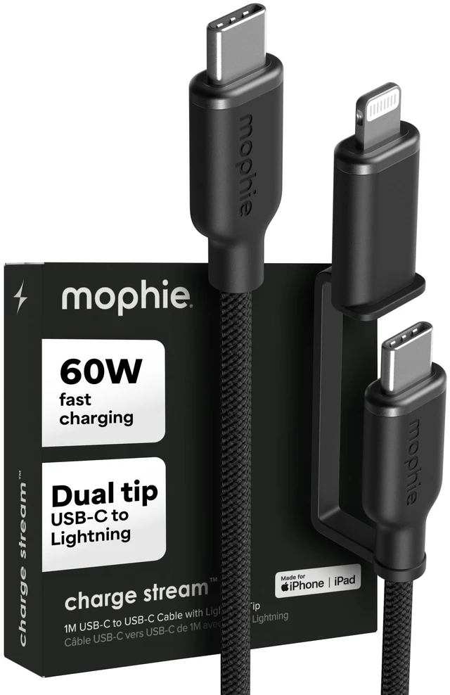 Main image of Mophie Charge Stream USB-C to USB-C 1m/3ft Cable with Lightning Adapter - 60W Fast-Charge Universal Charging Cable, MFi Certified, Dual Tip Adapter, Braided, Durable for iPhone, iPad, Android, MacBook
