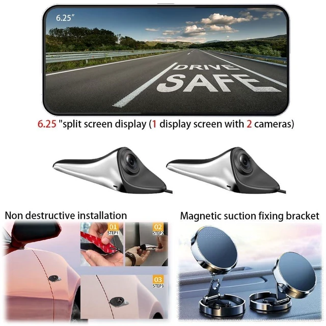 Alt view image 2 of 5 - PDZGZ 6.25inch Car Side View Blind Area System,Left and Right Blind spot Camera Driving Recorder BSD Warning Monitoring(Camera Monitor System) (6.25" Silver)