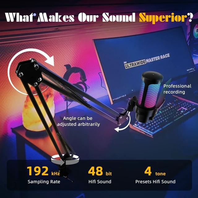 Alt view image 5 of 5 - VCOM Gaming USB Microphone,Condenser Dynamic Boom Arm Mic for Podcasting,Streaming, with Boom Arm Stand,Quick Mute,Pop Filter,RGB Indicator,Shock Mount,Rotate gain Button, Compatible with PS4/5/PC