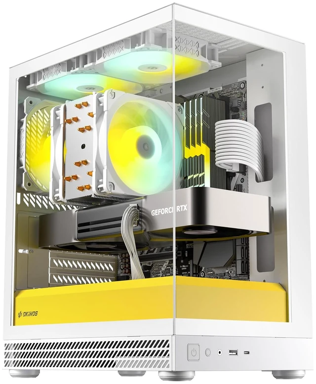 Main image of Okinos Aqua UNO Micro ATX Case, No Radiator Support, Max GPU Length 309mm, Quick-Release Panoramic Tempered Glass, 3x120mm ARGB Fan Pre-Installed, Type-C 5Gbps, Two-Tone Limited Edition (White&Yellow)