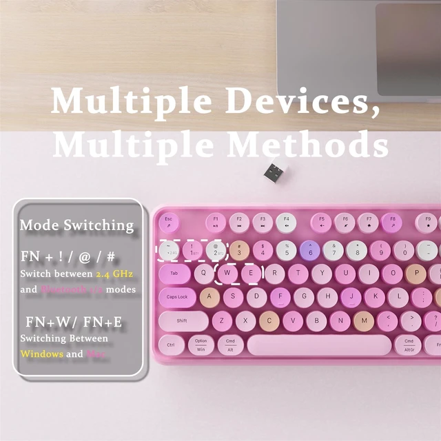 Alt view image 4 of 5 - Wireless Bluetooth Keyboard, Colorful Round Keycaps (Pink Colorful)