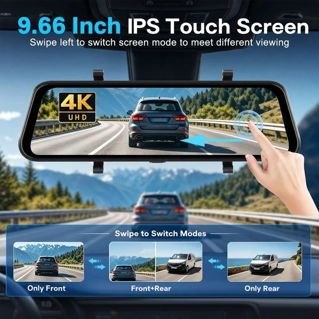 Alt view image 3 of 5 - 4K Mirror Dash Cam with 32GB Card, WiFi & App Control 9.66 IPS Touchscreen