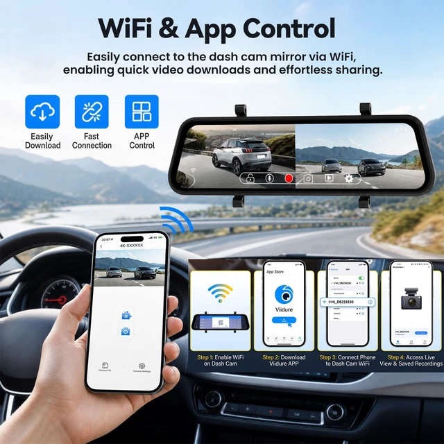 Alt view image 5 of 5 - 4K Mirror Dash Cam with 32GB Card, WiFi & App Control 9.66 IPS Touchscreen