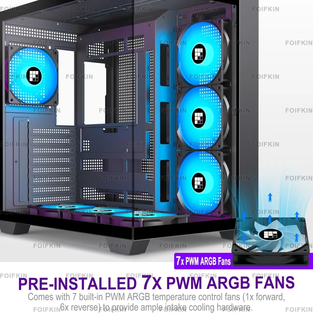 Alt view image 5 of 5 - FOIFKIN F600 PC Case - Pre-Installed 7 PWM ARGB Fan, ATX Mid-Tower Gaming PC Case, 270 Panoramic Glass with Type-C, FOIFKIN (Black, F600)