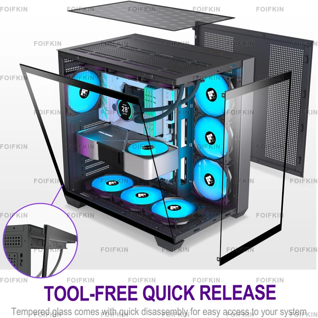 Alt view image 3 of 5 - FOIFKIN F600 PC Case - Pre-Installed 7 PWM ARGB Fan, ATX Mid-Tower Gaming PC Case, 270 Panoramic Glass with Type-C, FOIFKIN (Black, F600)