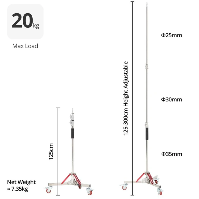 Alt view image 2 of 5 - AMBITFUL Heavy Duty Light Stand with Casters, 100% Stainless Steel Max Height 10ft/305cm, Photography Wheeled Base Stand for Studio Softbox, Monolight, ReflectorAS-300