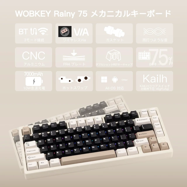 Alt view image 3 of 5 - KIBU WOBKEY Rainy75 75% Tri-Mode Mechanical Keyboard, CNC Aluminum Custom Wireless Keyboard, Hot Swappable, VIA Programmable, Cocoa Switch, RGB Backlit,BT/2.4G/Wired for Mac/Win(Pro White)