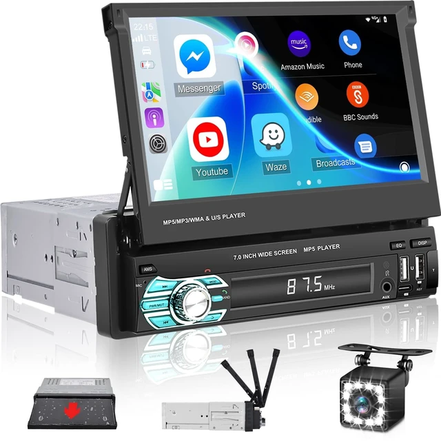 Main image of Volxcereo 7inch Single Din Flip Out Touchscreen Car Radio with Carplay & Android Auto