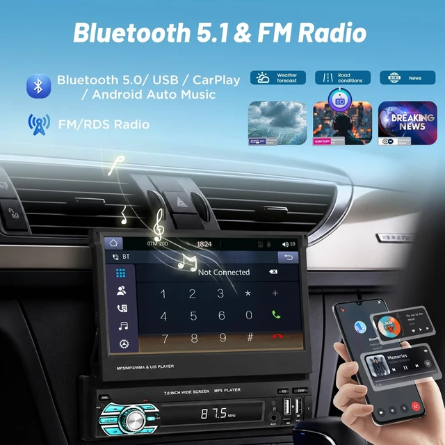 Alt view image 4 of 5 - Volxcereo 7inch Single Din Flip Out Touchscreen Car Radio with Carplay & Android Auto