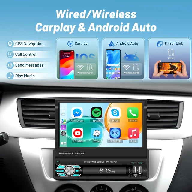 Alt view image 2 of 5 - Volxcereo 7inch Single Din Flip Out Touchscreen Car Radio with Carplay & Android Auto