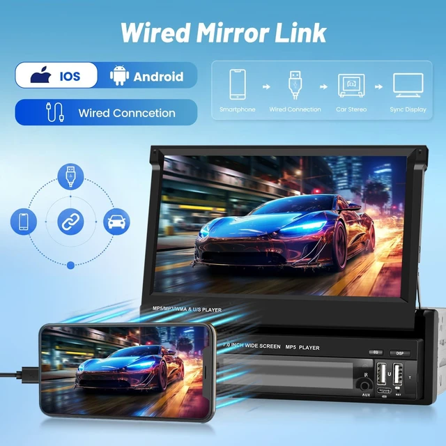 Alt view image 3 of 5 - Volxcereo 7inch Single Din Flip Out Touchscreen Car Radio with Carplay & Android Auto