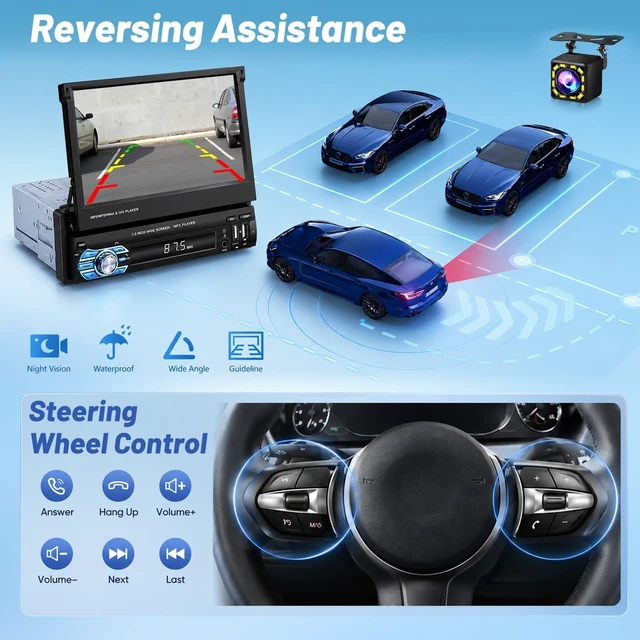Alt view image 5 of 5 - Volxcereo 7inch Single Din Flip Out Touchscreen Car Radio with Carplay & Android Auto